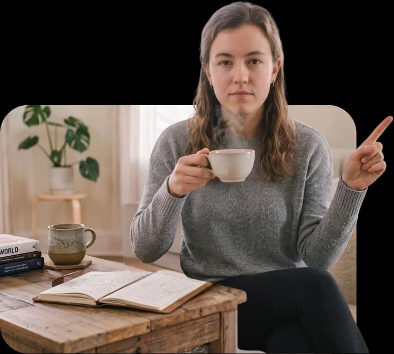 Une donatrice, tasse à la main, pointe du doigt vers les options pour choisir un projet à soutenir.