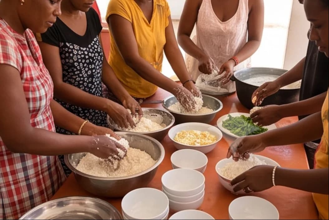 Groupe de personnes préparant un repas ensemble, mains dans des bols de riz — photographie d'illustration