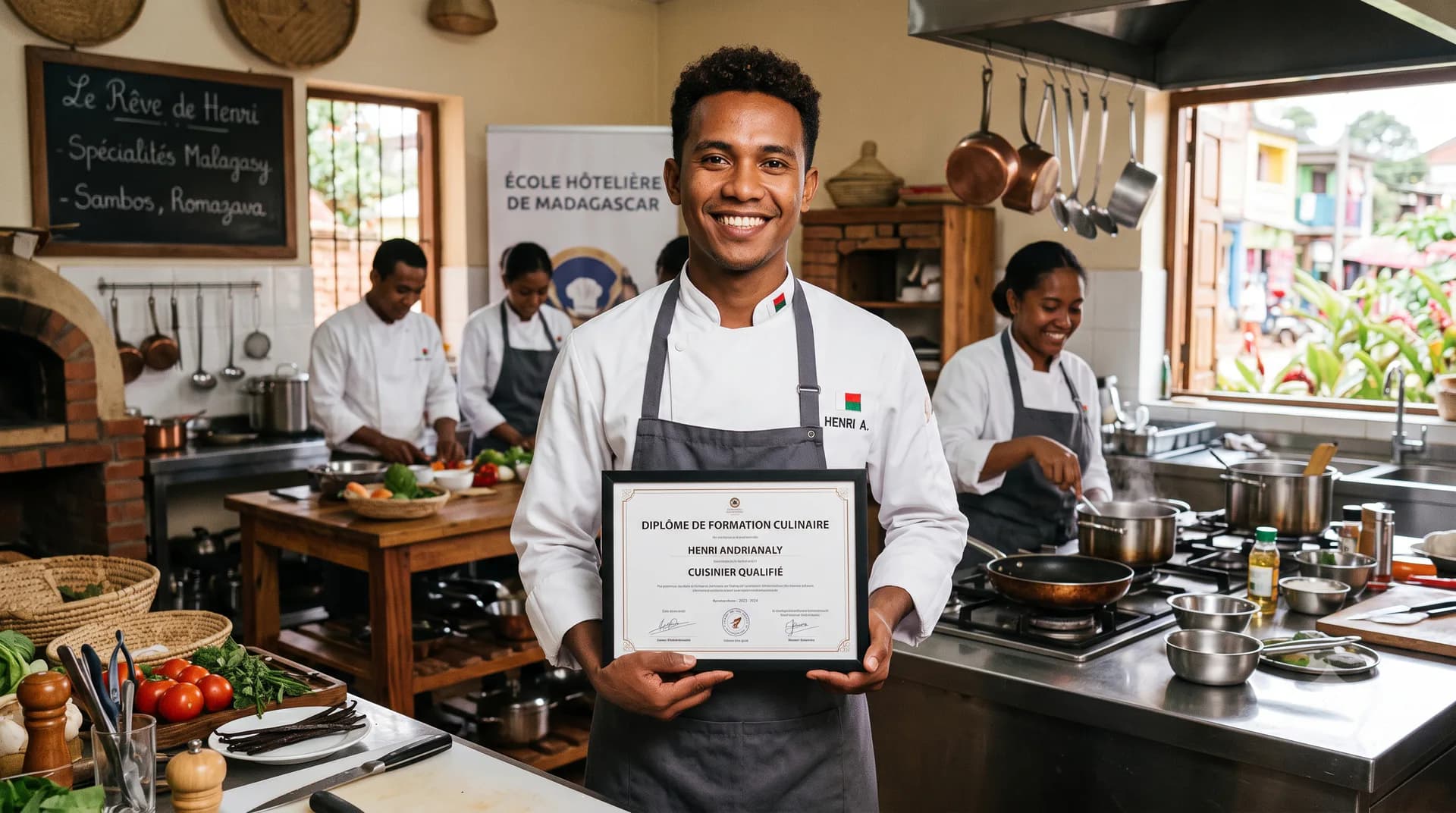 Jeune diplômé malgache en cuisine professionnelle après une formation culinaire — photographie d'illustration