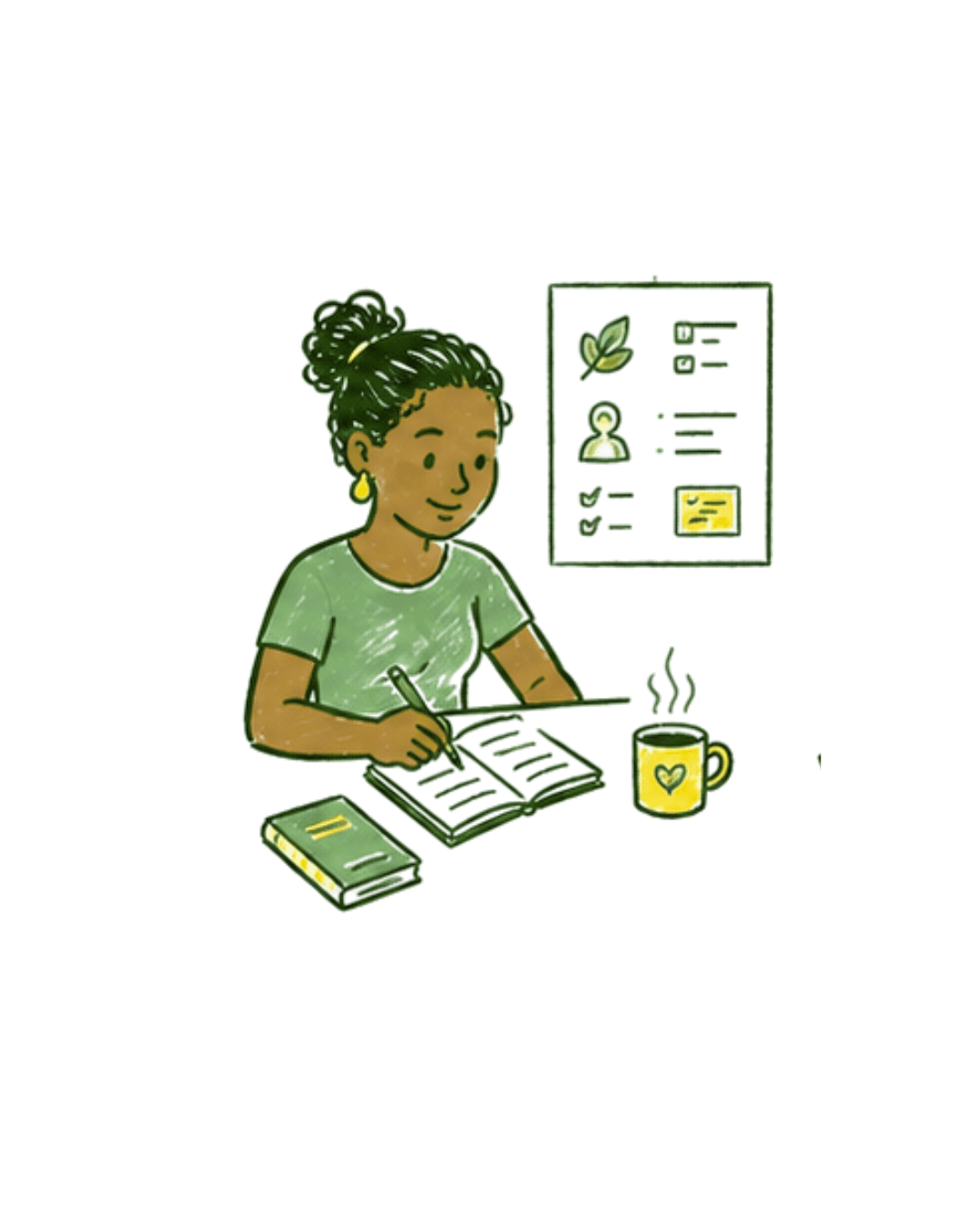 Illustration : une femme en formation, carnet et livre ouverts — étape « Formation » du parcours AGR