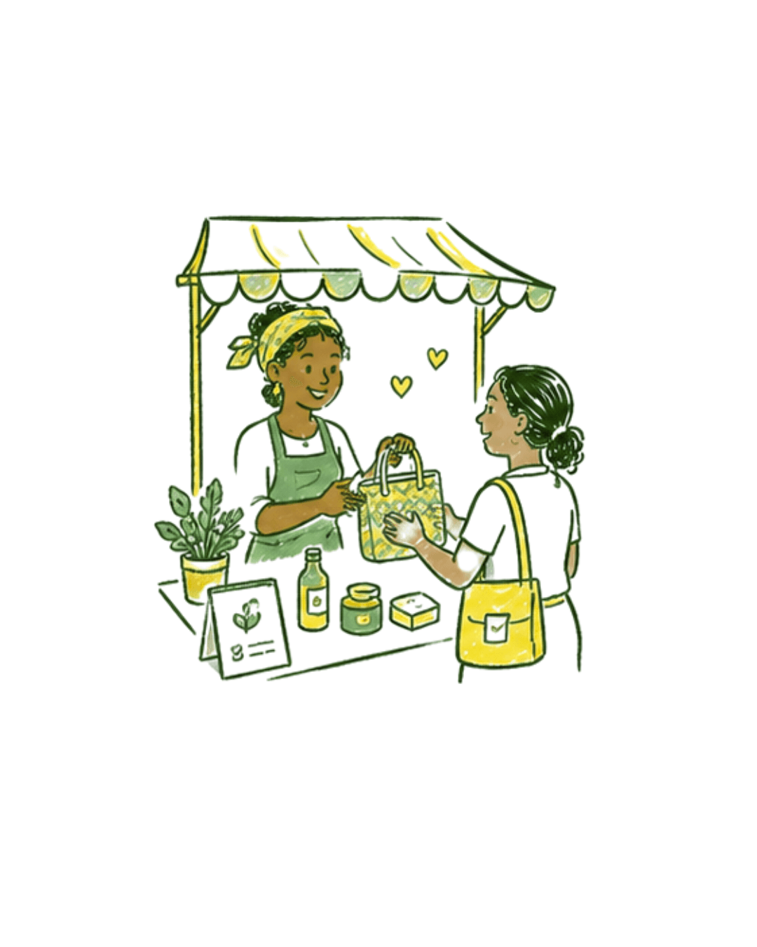 Illustration : une femme vend ses produits sur un stand à une première cliente — étape « Lancement » du parcours AGR