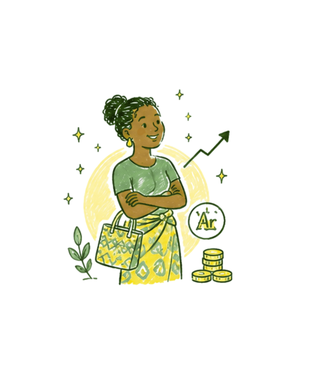 Illustration : une femme confiante, sac de vente à la main, entourée de symboles de croissance — étape « Autonomie » du parcours AGR